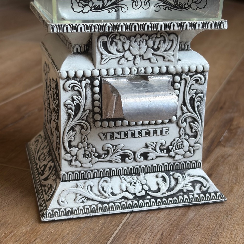 Vintage Venderette Candy Nut Dispenser Ornate White Black Cast Metal Glass Decor - Picture 6 of 11